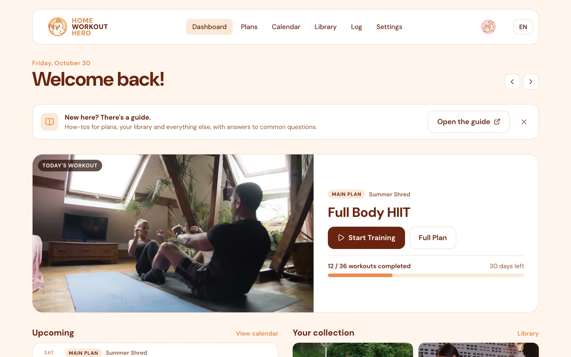 Home Workout Hero dashboard